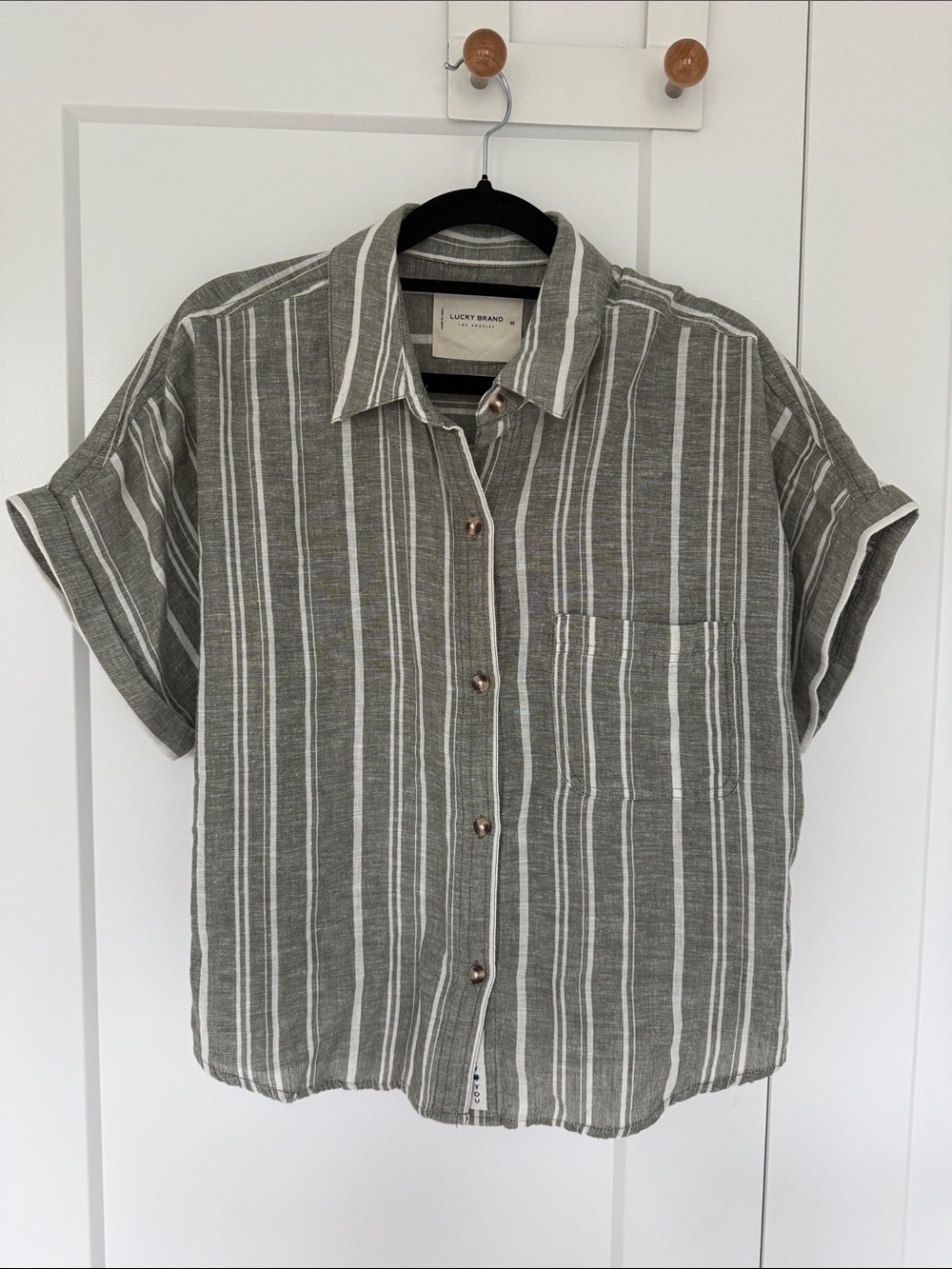 Lucky Brand Olive and White Vertical Stripe Short Sleeve Button-Down